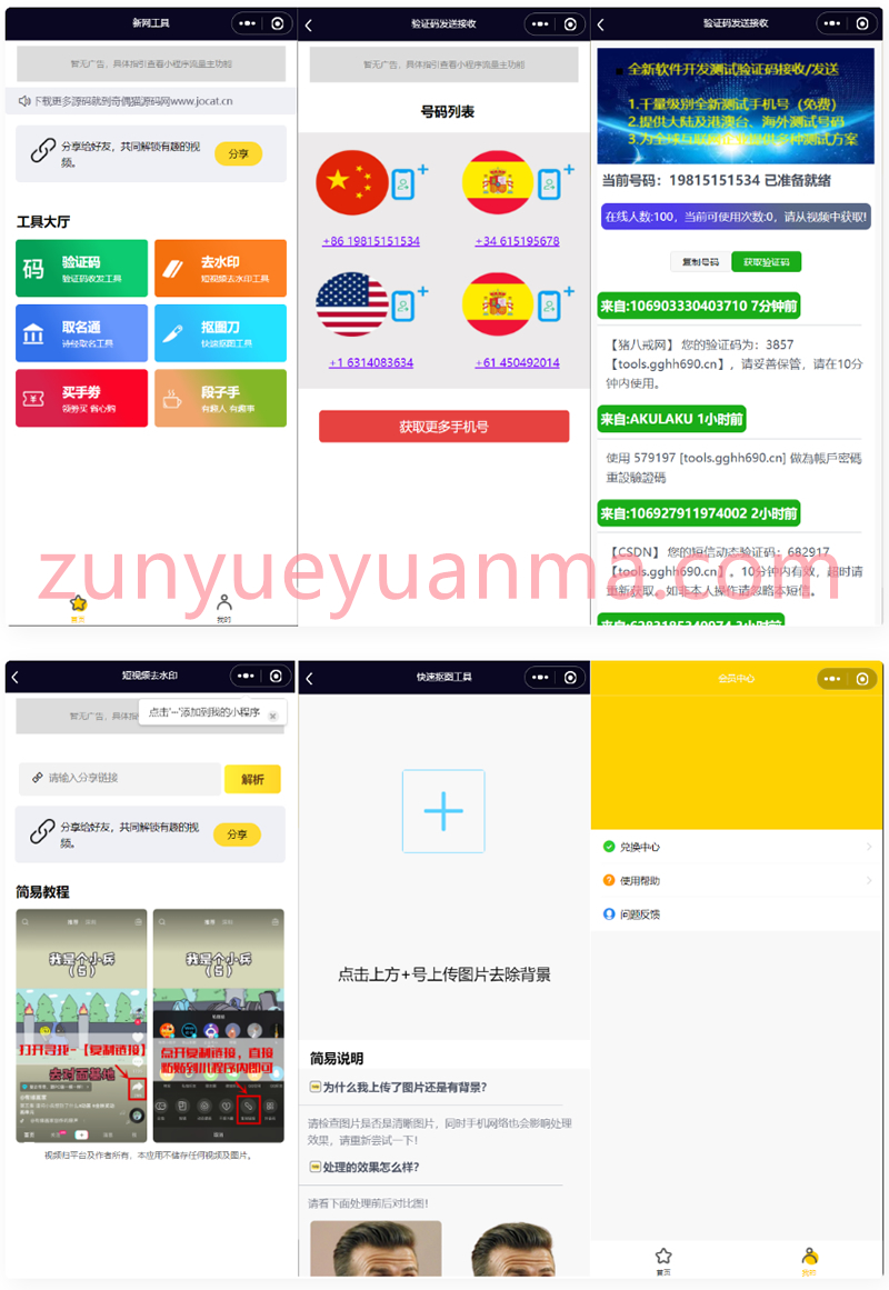 云开发全球手机验证码发放+短视频去水印等组合微信小程序源码 带流量主